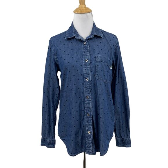 VANS Shirt Womens S Small Indigo Polka Dot Denim So Rowdy Droptail Spread Collar - Picture 1 of 13